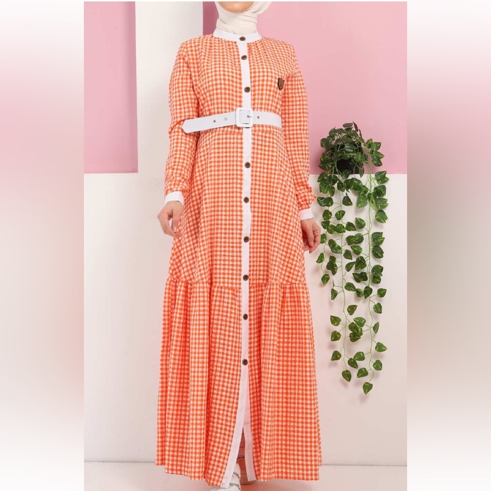Gingham Button-Front Orange Maxi Dress with Contrast Trim